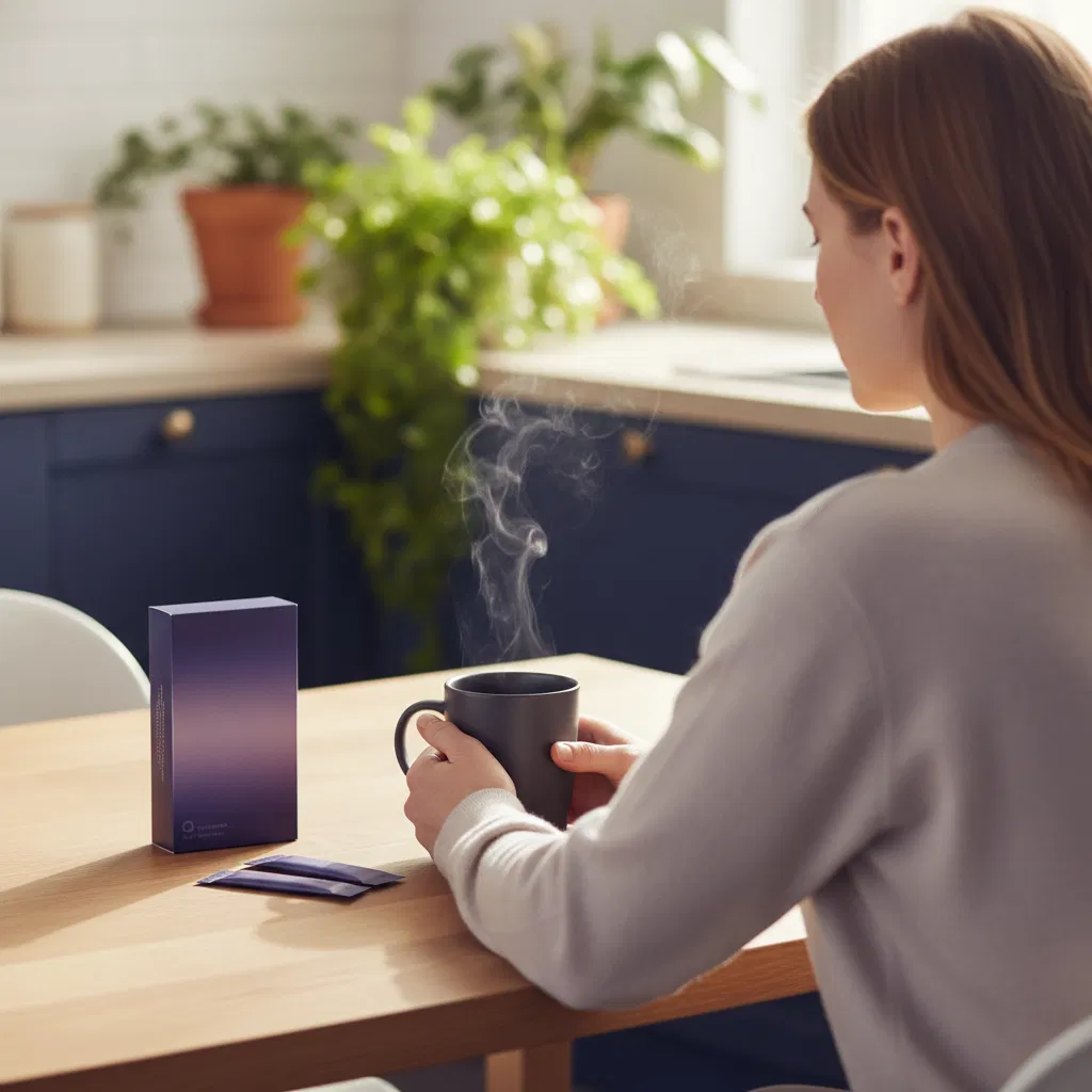 Person at a kitchen table with morning coffee and supplement sachets - morning wellness routine